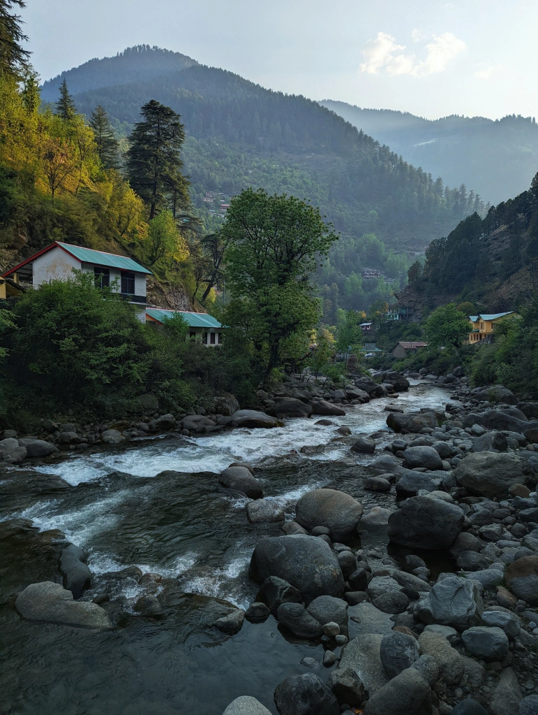 Person engaged in trout fishing in the clear waters of the Tirthan River, Himachal Pradesh.
