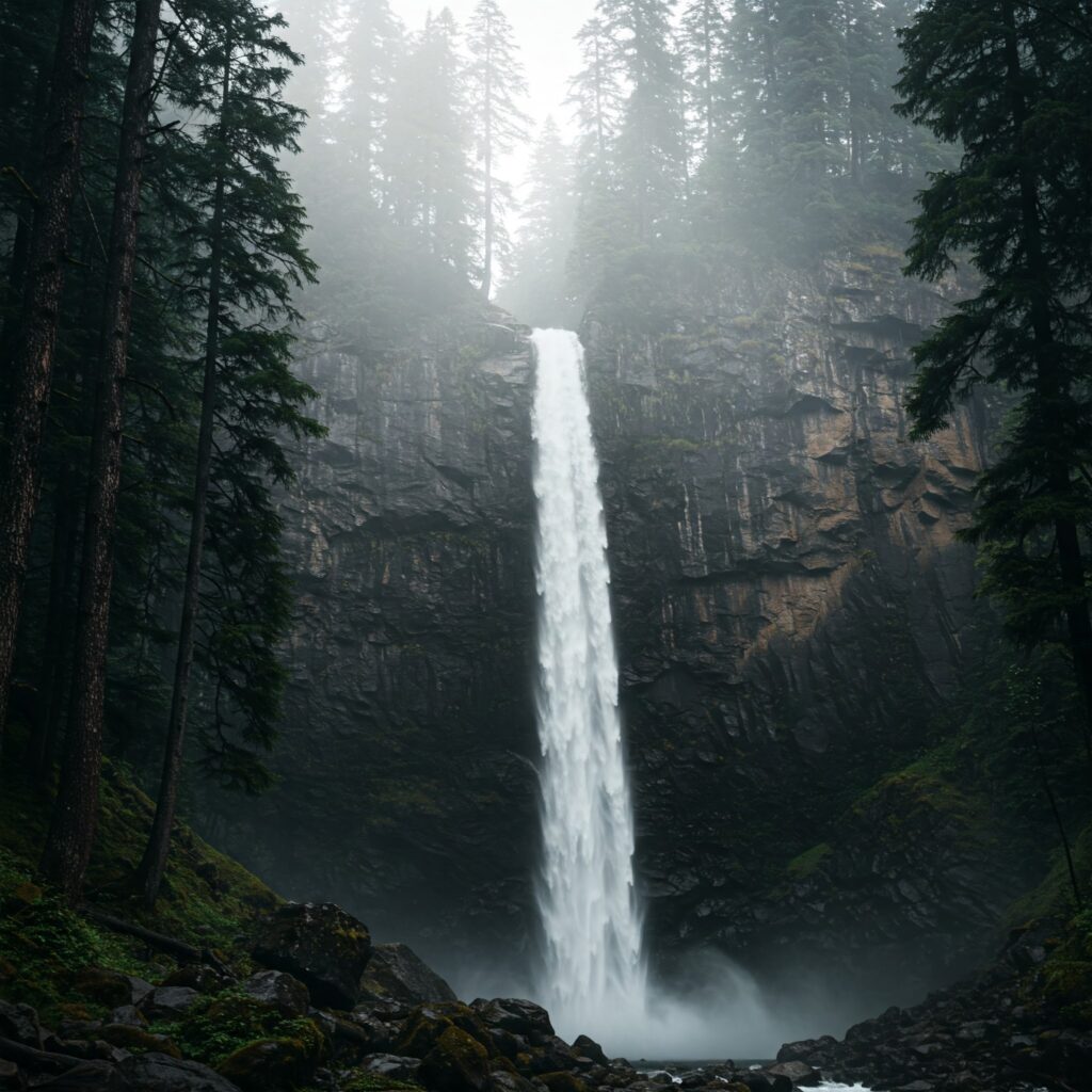 A dramatic hidden waterfall near manali photo of a misty Himalayan waterfall with pine forests